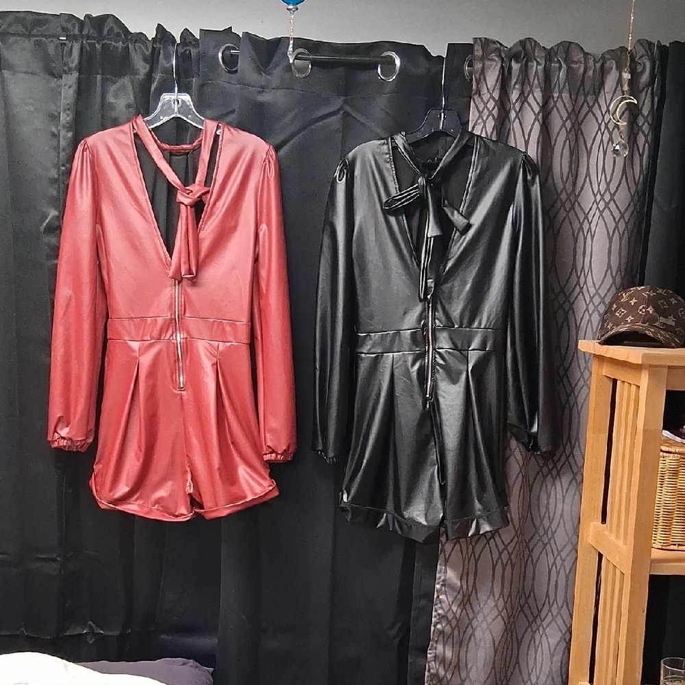 Chic Women's Faux Leather Rompers - Black and Red